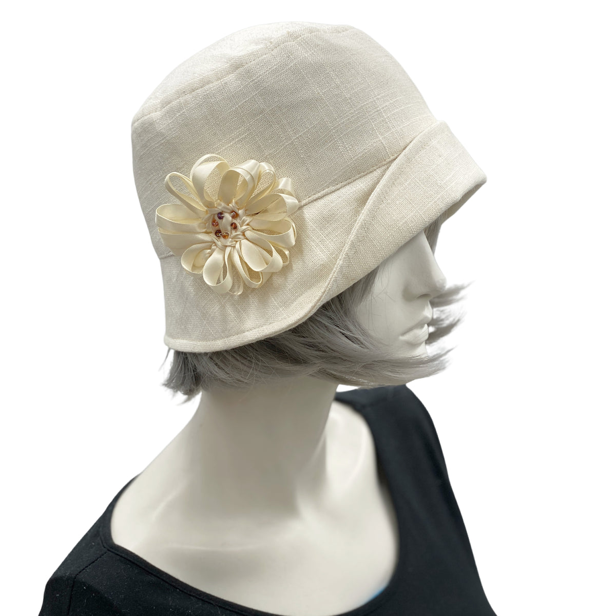 Cloche Hat for Women in Black Linen with Satin Ribbon Daisy | The Elea