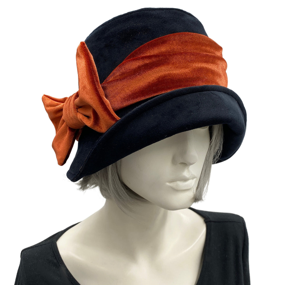 Black Velvet Cloche Hat with Burnt Orange Velvet Band and Bow | The El