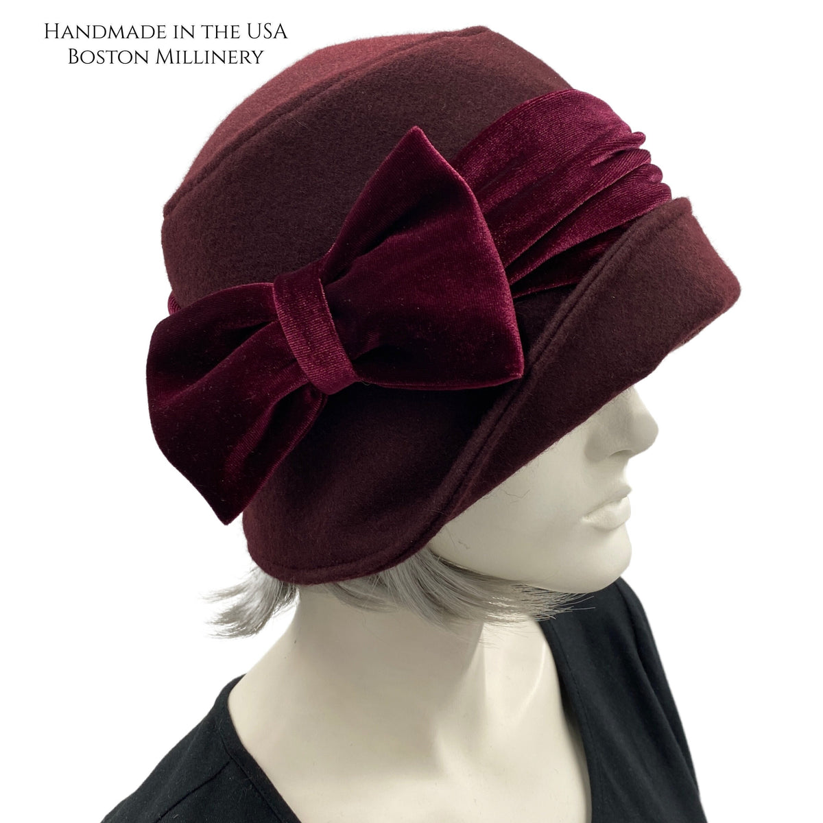 Cloche Hat in Dark Burgundy Wool Fabric With Velvet Band and Bow