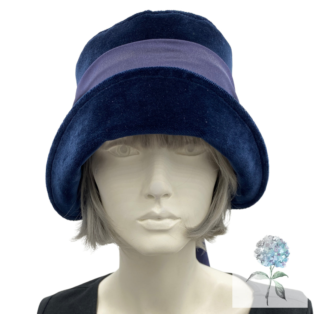 Deep Blue good Velveteen Ruched Hat with Floral Decor