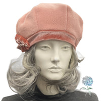 Panelled Beret in Peach Fleece, Velvet and Pearl