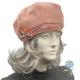 Panelled Beret in Peach Fleece, Velvet and Pearl