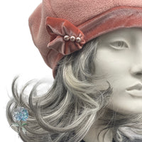 Panelled Beret in Peach Fleece, Velvet and Pearl