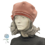 Panelled Beret in Peach Fleece, Velvet and Pearl