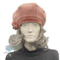 Panelled Beret in Peach Fleece, Velvet and Pearl