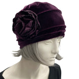 Velvet Cloche Hat and Chemo Head Covering with Satin Peony Embellishment