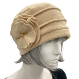 Cloche Hat in Camel Fleece with Large Flower Brooch Ready to Ship Size Medium, Handmade Winter Fashion