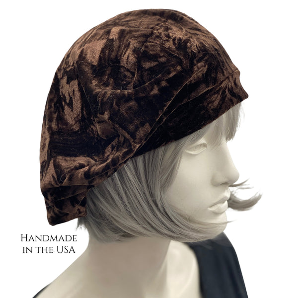 Textured Chocolate Brown Velvet, Satin Lined Beret Size Medium-Large, Handmade Birthday Gift