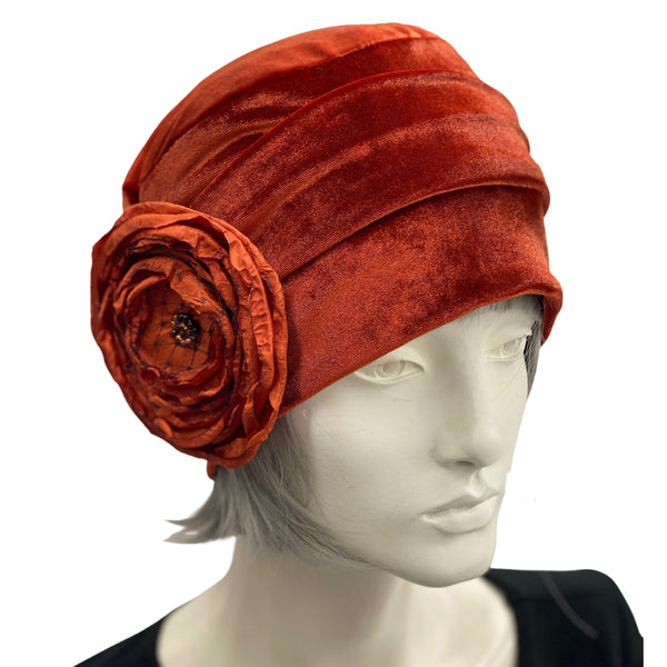 Velvet Hat Woman, with Satin Flower Brooch, Bright and Fun Fall Cloche in Rust Terracotta, Handmade in USA