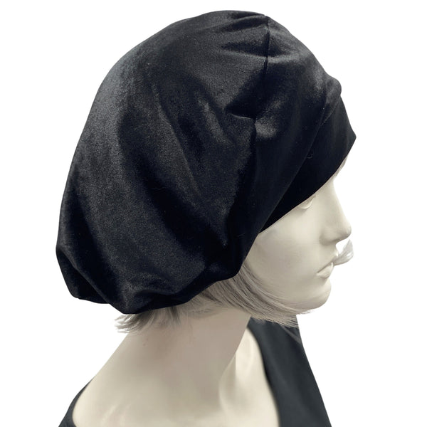 Black Velvet Beret Hat for Women, Chemo Headwear Full Head Coverage, Size Small/Medium Ready to Ship