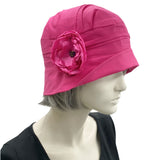 Summer Cloche Hat, Size Small Ready to Ship, Lightweight Cotton Hat, Magenta Pink, Satin Flower Brooch, Chemo Headwear, Wedding Hat Women