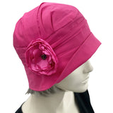 Summer Cloche Hat, Size Small Ready to Ship, Lightweight Cotton Hat, Magenta Pink, Satin Flower Brooch, Chemo Headwear, Wedding Hat Women