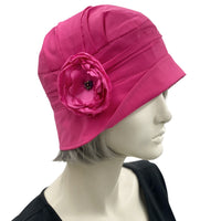 Summer Cloche Hat, Size Small Ready to Ship, Lightweight Cotton Hat, Magenta Pink, Satin Flower Brooch, Chemo Headwear, Wedding Hat Women