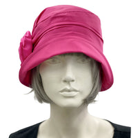 Summer Cloche Hat, Size Small Ready to Ship, Lightweight Cotton Hat, Magenta Pink, Satin Flower Brooch, Chemo Headwear, Wedding Hat Women