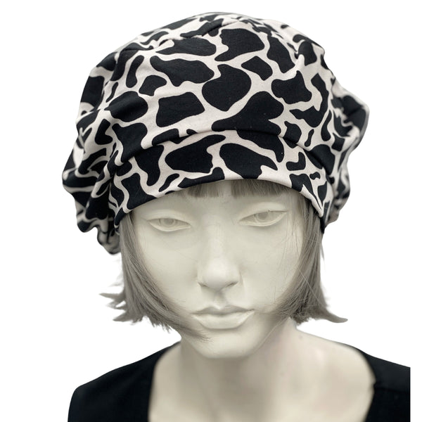 Beret for Women, Black and White Lightweight Cotton Jersey, Satin Lined Hat, Ready to Ship Size M/L, Handmade in the Beret for Women