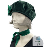 Dark Green Velvet Beret with Bow, Size Small Ready to Ship, Handmade Winter Hats for Women