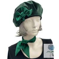 Dark Green Velvet Beret with Bow, Size Small Ready to Ship, Handmade Winter Hats for Women