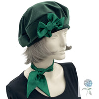 Dark Green Velvet Beret with Bow, Size Small Ready to Ship, Handmade Winter Hats for Women