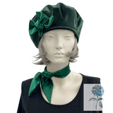 Dark Green Velvet Beret with Bow, Size Small Ready to Ship, Handmade Winter Hats for Women