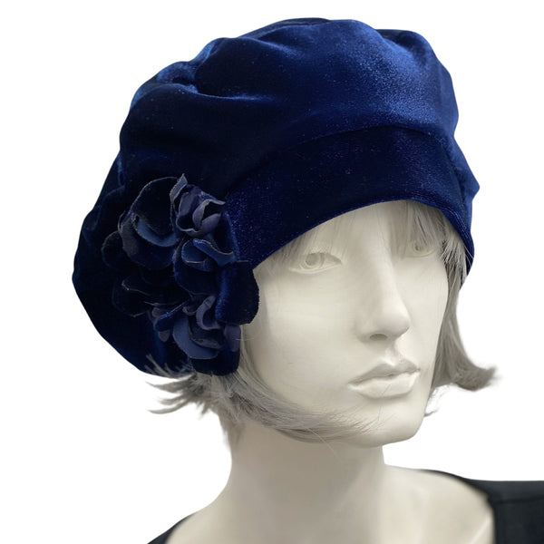 Navy Blue Beret, Velvet Hat, Cute Berets For Women, Accented with a Hydrangea Flower Brooch, Handmade in USA