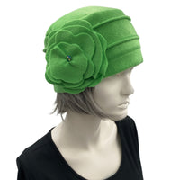 Olive Green Fleece Cloche Hat with Large Flower Brooch, Satin Lined Winter Hat for Women, Gift for Best Friend Female, Handmade in the USA