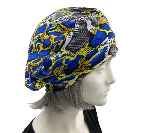 Blue and Gold Ankara Print Beret, Size Medium/Large Ready to Ship, Lightweight Chemo Headwear