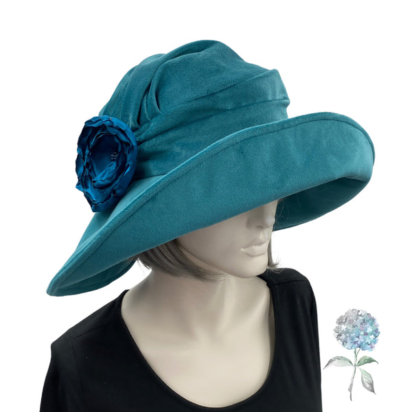 Teal Velvet Wide Brim Hat, or Choose Your Color, Derby Hat with Satin Rose Brooch, Handmade in USA, Winter Wedding Hat