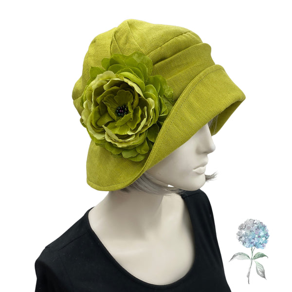 Cloche Hat Women, 1930s Style Hat, Handmade from Chartreuse Green Linen with Flower Brooch in the USA