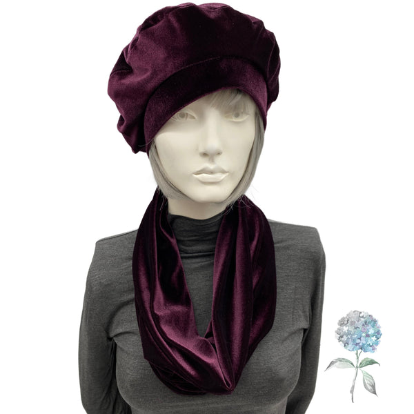 Eggplant Velvet Beret and Single Loop Infinity Scarf, More Colors Options, Gift for Her Birthday and Christmas