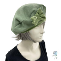 Handmade Sage Green Wool and Velvet Beret with Bow, Satin Lined Winter Hat, Ready to Ship Size M-L