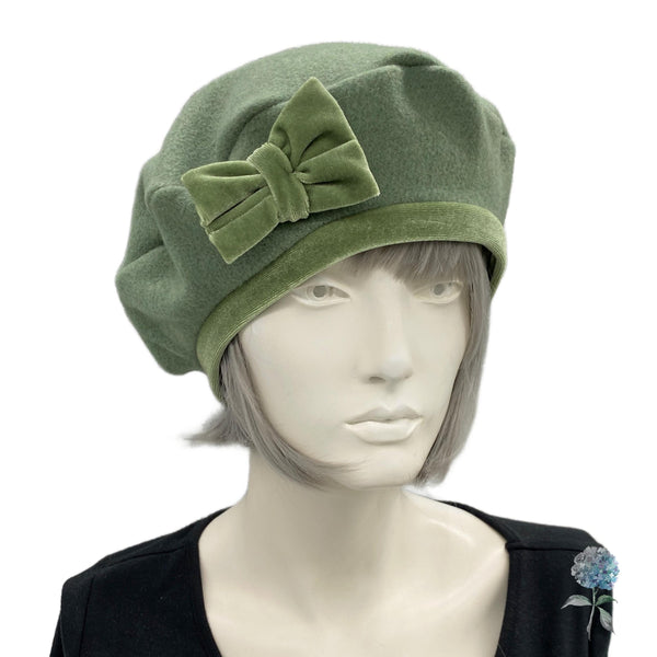 Handmade Sage Green Wool and Velvet Beret with Bow, Satin Lined Winter Hat, Ready to Ship Size M-L