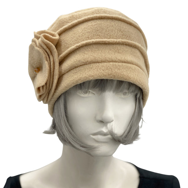 Cloche Hat in Camel Fleece with Large Flower Brooch Ready to Ship Size Medium, Handmade Winter Fashion