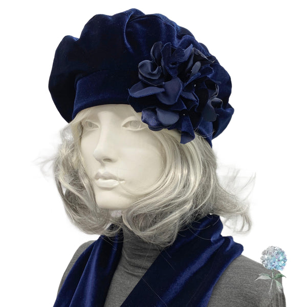 Navy Blue Velvet Beret with Hydrangea Petals