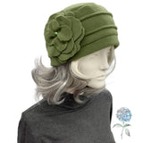 Olive Green Fleece Cloche Hat with Large Flower Brooch, Satin Lined Winter Hat for Women, Gift for Best Friend Female, Handmade in the USA