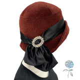 Elegant Cloche Hat Handmade in Textured Velvet with Black Satin Band and Oval Rhinestone