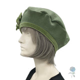 Handmade Sage Green Wool and Velvet Beret with Bow, Satin Lined Winter Hat, Ready to Ship Size M-L