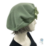 Handmade Sage Green Wool and Velvet Beret with Bow, Satin Lined Winter Hat, Ready to Ship Size M-L