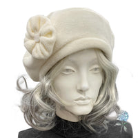 Cream Fleece Beret for Women, Satin Lined Winter Hat, Handmade in the USA