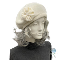 Cream Fleece Beret for Women, Satin Lined Winter Hat, Handmade in the USA