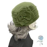 Olive Green Fleece Cloche Hat with Large Flower Brooch, Satin Lined Winter Hat for Women, Gift for Best Friend Female, Handmade in the USA