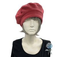 Fleece Beret Hat in Dusky Coral Pink, Satin Lined Winter Hat, Size Small / Medium, Ready to Ship,