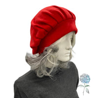 Pleated Beret in Red Fleece Size Small/Medium Ready to Ship, Satin Lined Winter Hat