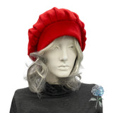 Pleated Beret in Red Fleece Size Small/Medium Ready to Ship, Satin Lined Winter Hat