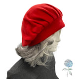 Pleated Beret in Red Fleece Size Small/Medium Ready to Ship, Satin Lined Winter Hat