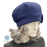 Navy Blue Fleece Beret with Button Accent, Warm Winter Fashion Hats for Women