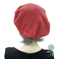 Fleece Beret Hat in Dusky Coral Pink, Satin Lined Winter Hat, Size Small / Medium, Ready to Ship,