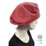 Fleece Beret Hat in Dusky Coral Pink, Satin Lined Winter Hat, Size Small / Medium, Ready to Ship,