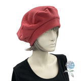 Fleece Beret Hat in Dusky Coral Pink, Satin Lined Winter Hat, Size Small / Medium, Ready to Ship,