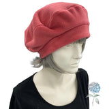 Fleece Beret Hat in Dusky Coral Pink, Satin Lined Winter Hat, Size Small / Medium, Ready to Ship,