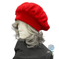 Pleated Beret in Red Fleece Size Small/Medium Ready to Ship, Satin Lined Winter Hat